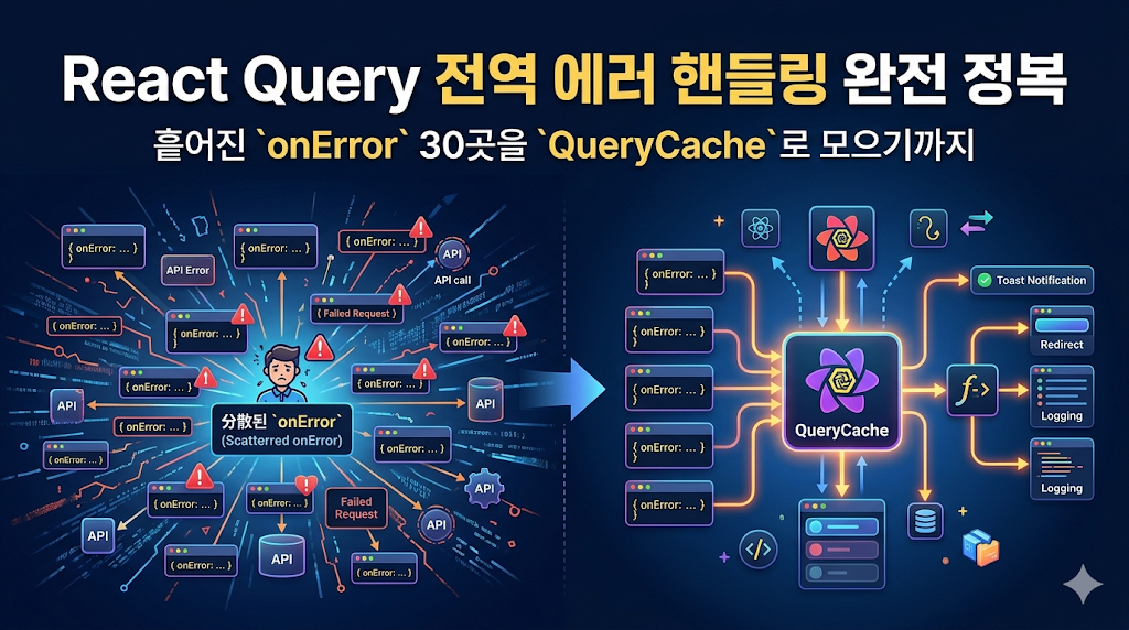 React Query Global Error Handling Guide Image: Visualization of an architecture that centralizes scattered onError code into QueryCache.