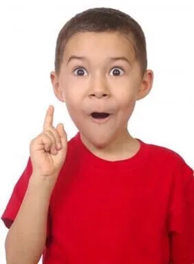 Seven year old boy exclaiming "ah-ha" isolated on white