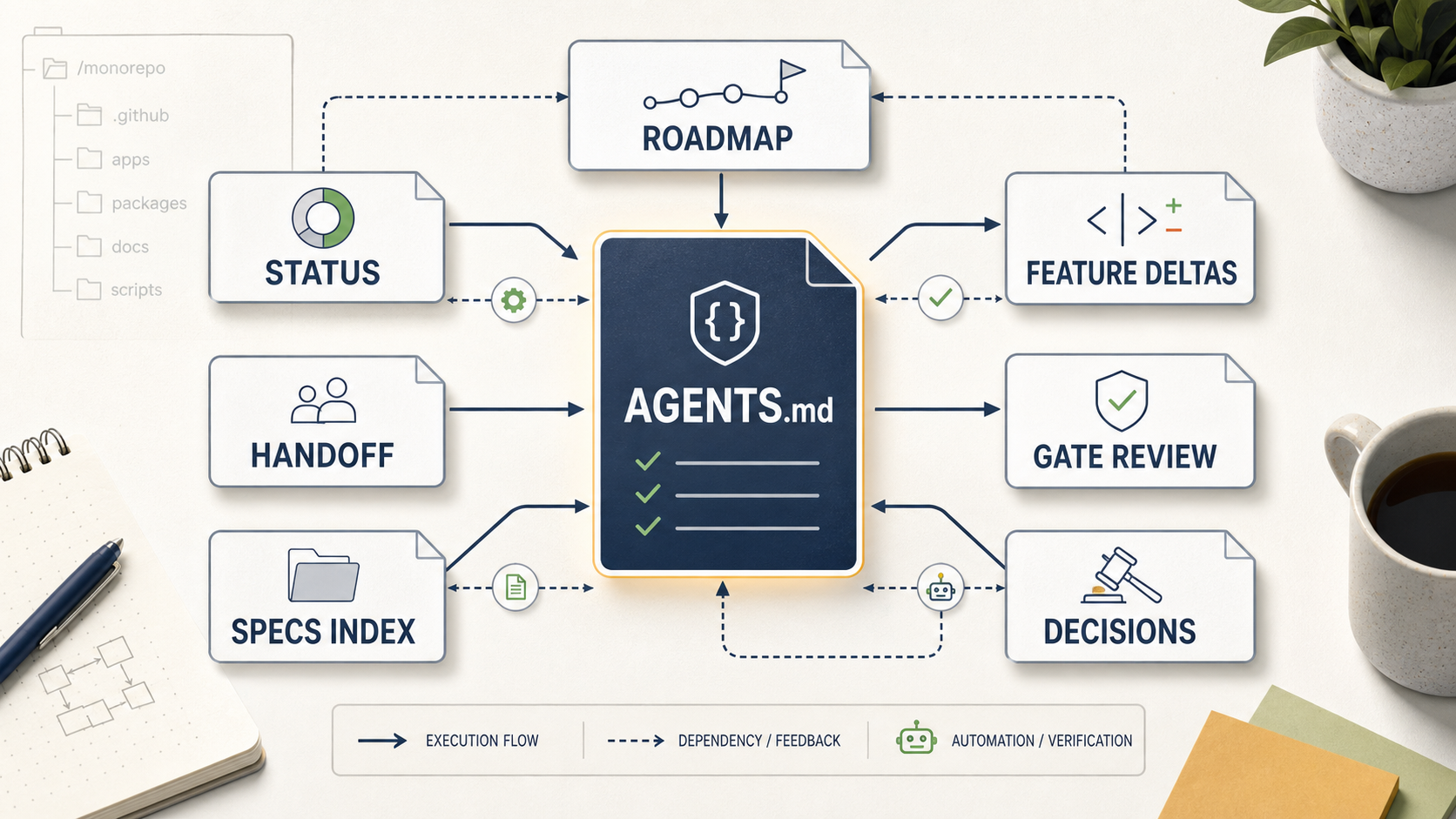 AGENTS.md를 중심으로 ROADMAP, STATUS, handoff, INDEX, feature-deltas, gate review가 연결된 문서 구조