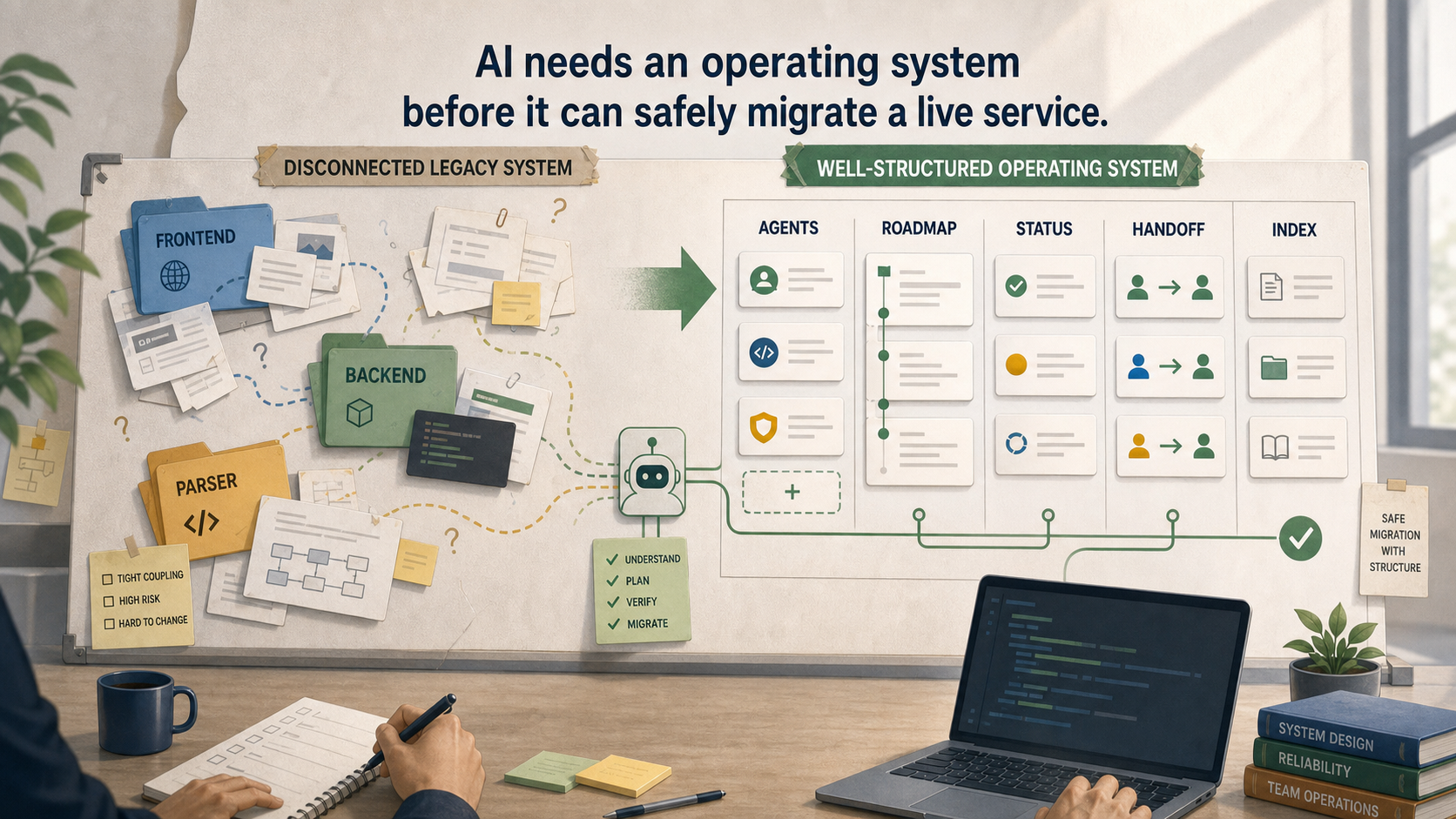 Legacy repositories being organized into an AI-safe monorepo migration workflow