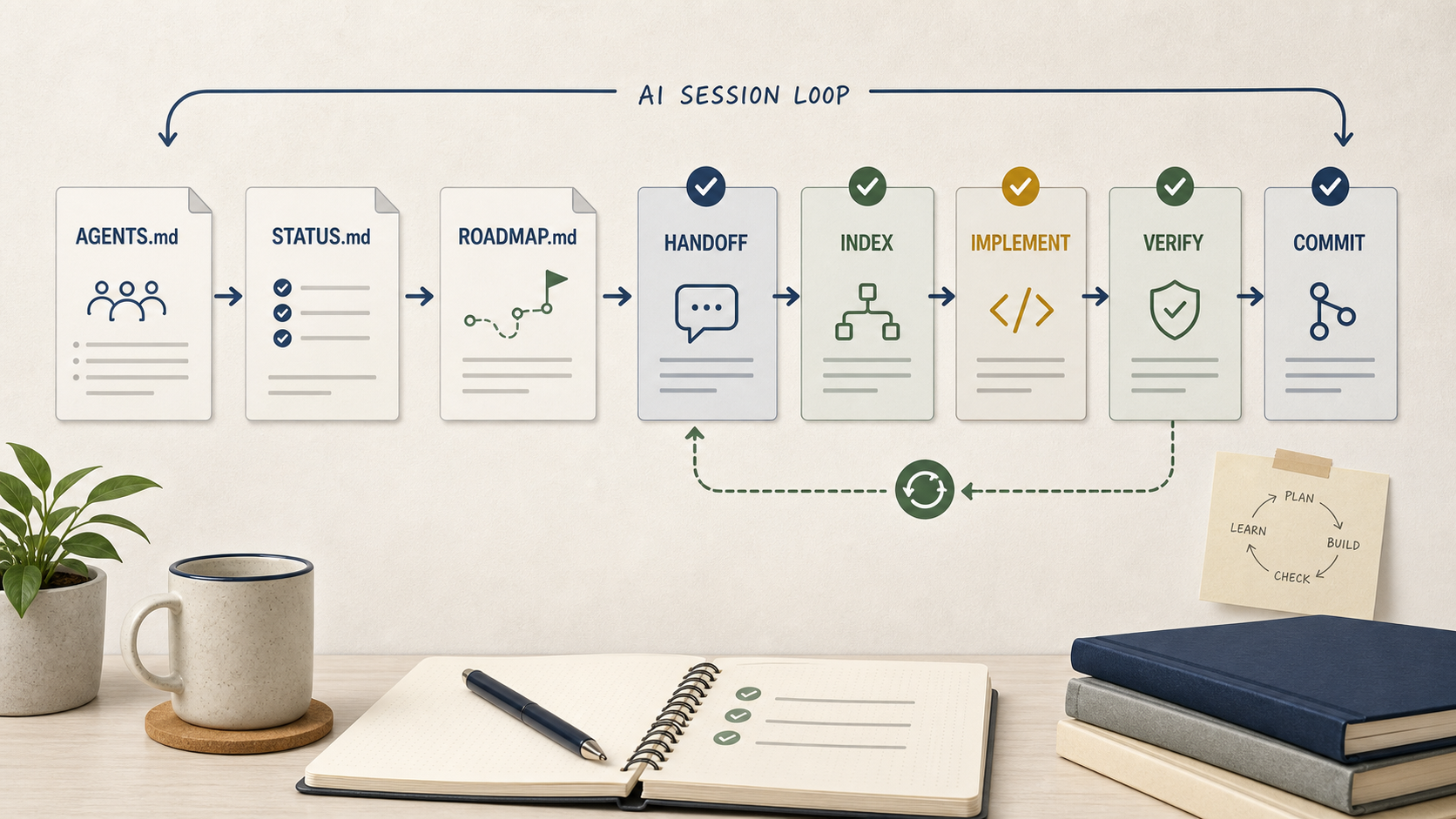 AI workflow moving from AGENTS.md through STATUS, ROADMAP, handoff, INDEX, implementation, verification, and commit