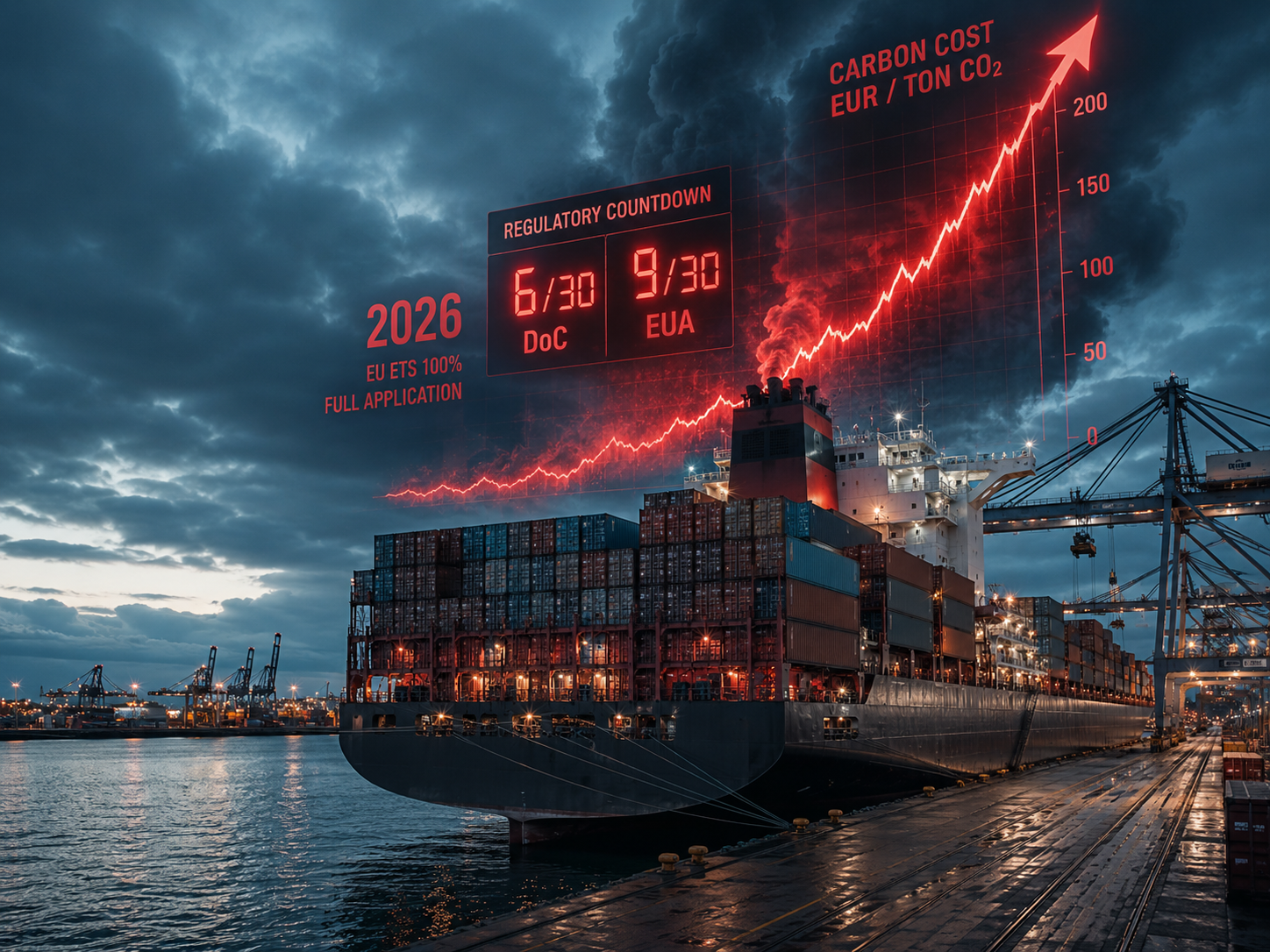 A vessel on a European route under the 2026 EU ETS 100% phase-in, with fuel cost and carbon penalty charts rising at the same time