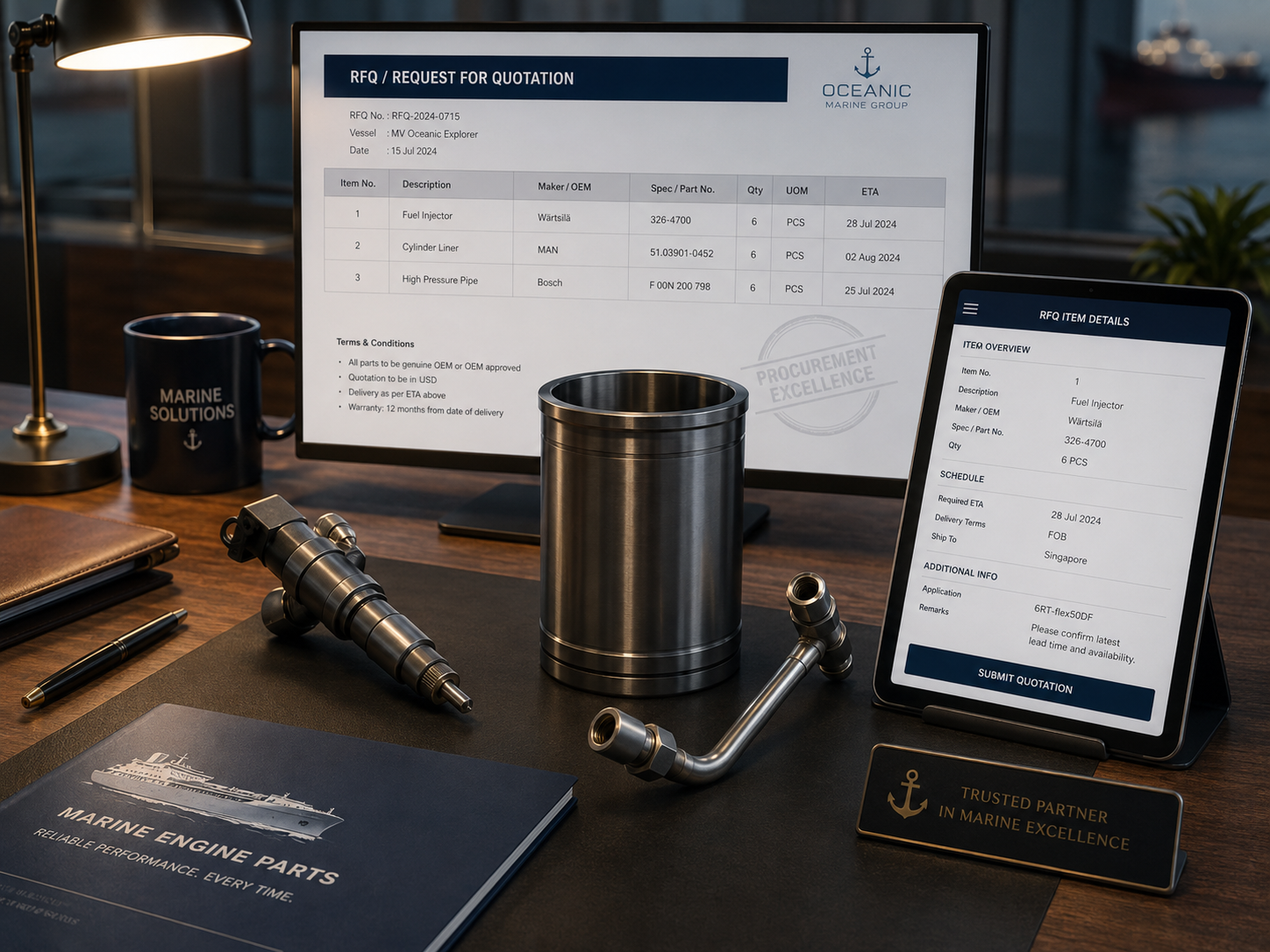 A professional procurement desk guiding regulation-driven engine parts sourcing and a BAS KOREA RFQ technical quotation