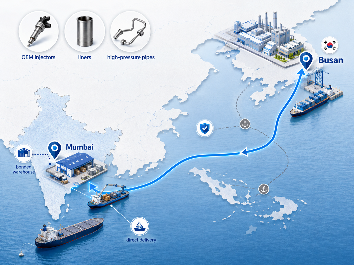 A Busan-Mumbai procurement network diagram linking Busan OEM engine parts sourcing with Mumbai bonded warehousing and direct delivery