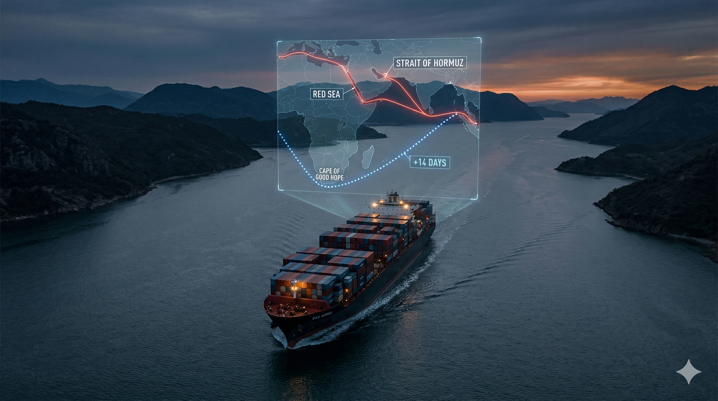 Global maritime chokepoints map highlighting the Strait of Hormuz and Bab el-Mandeb with rerouting paths around the Cape of Good Hope