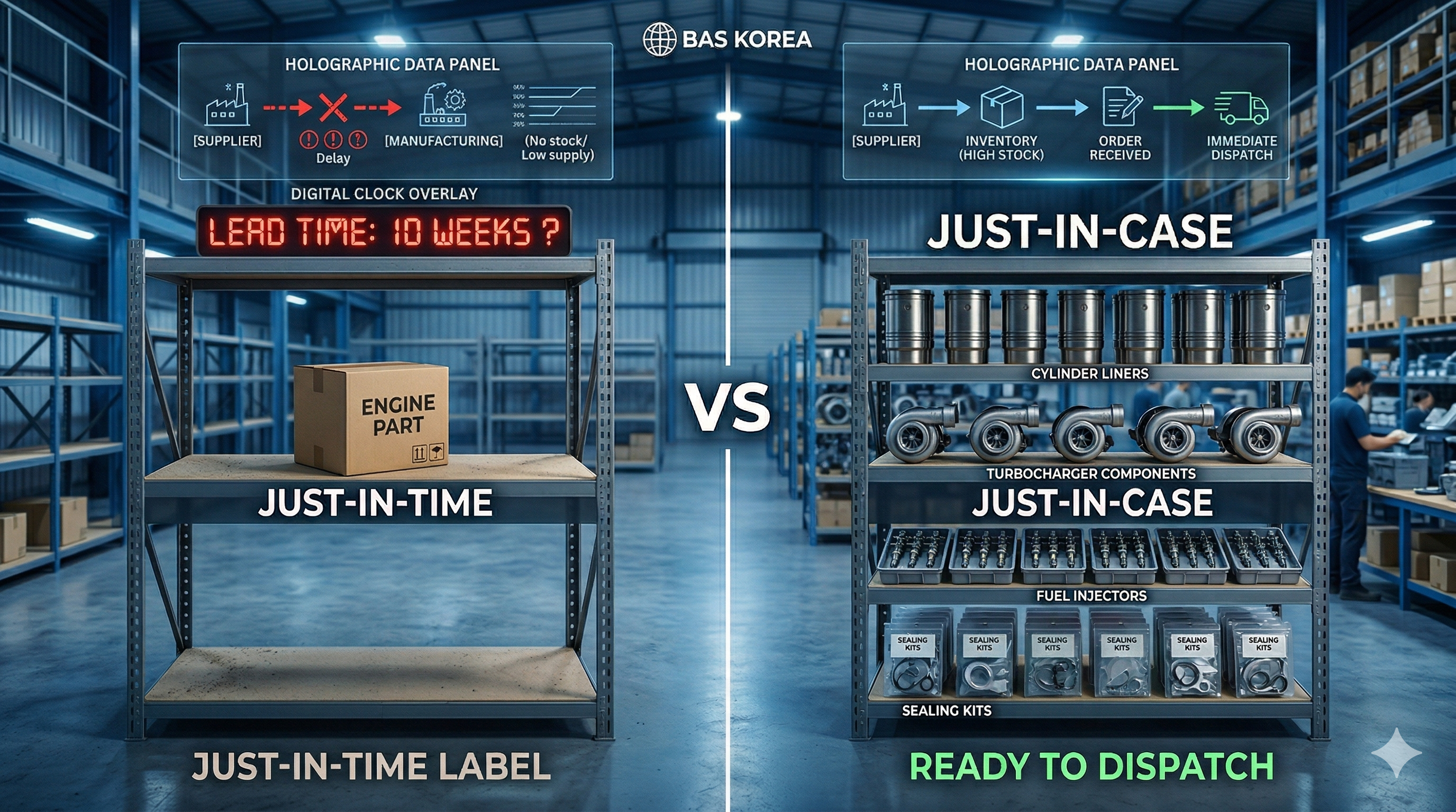 Side-by-side comparison of Just-in-Time versus Just-in-Case supply chain flows showing inventory buffers and lead time differences during shipping lane disruption