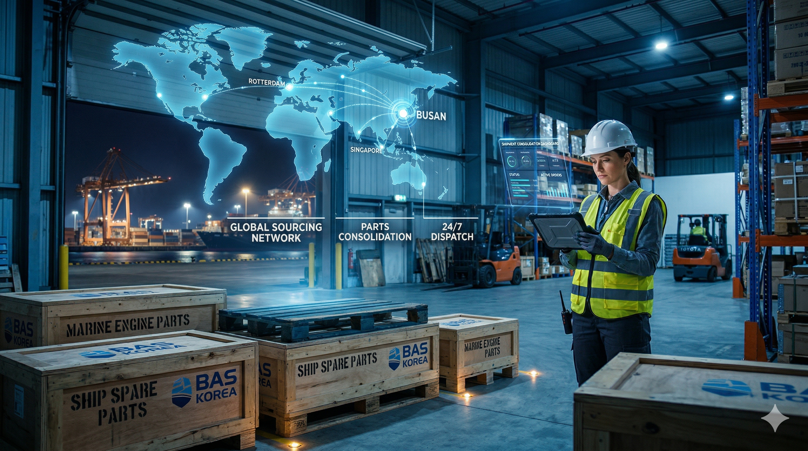 Warehouse operations showing consolidated marine engine parts being prepared for international shipment at a port logistics facility