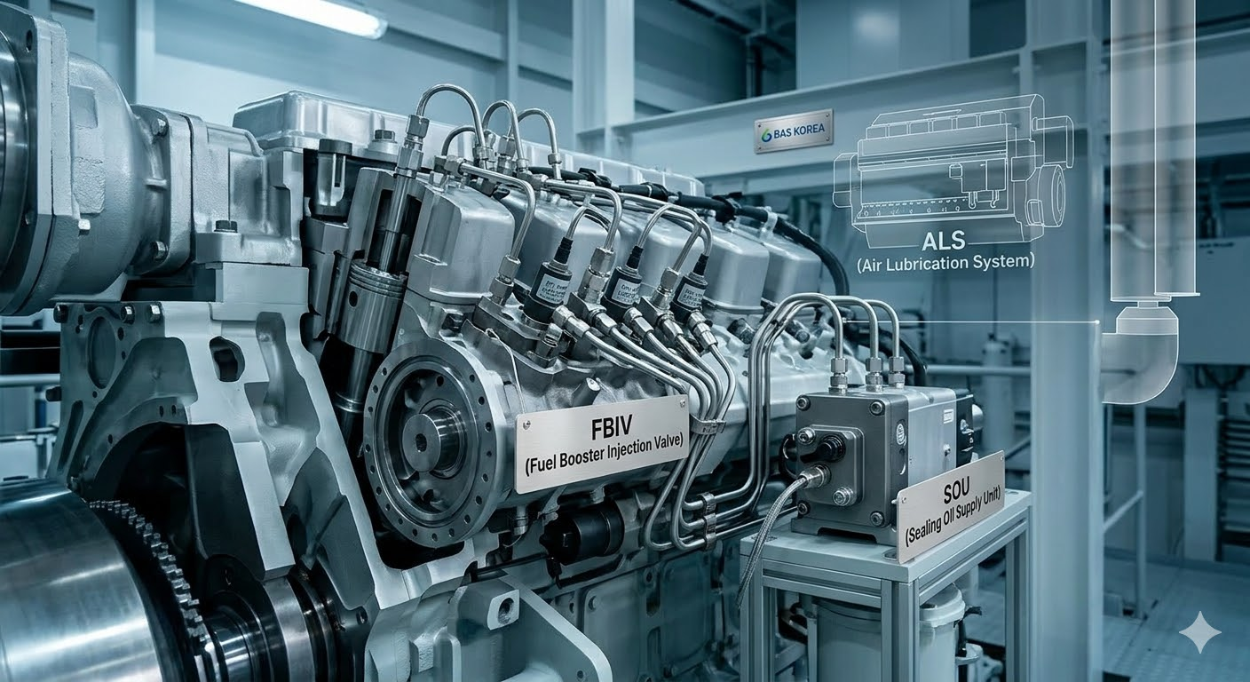 Detailed technical diagram of a dual-fuel marine engine highlighting FBIV and SOU components for methanol and LNG fuel systems