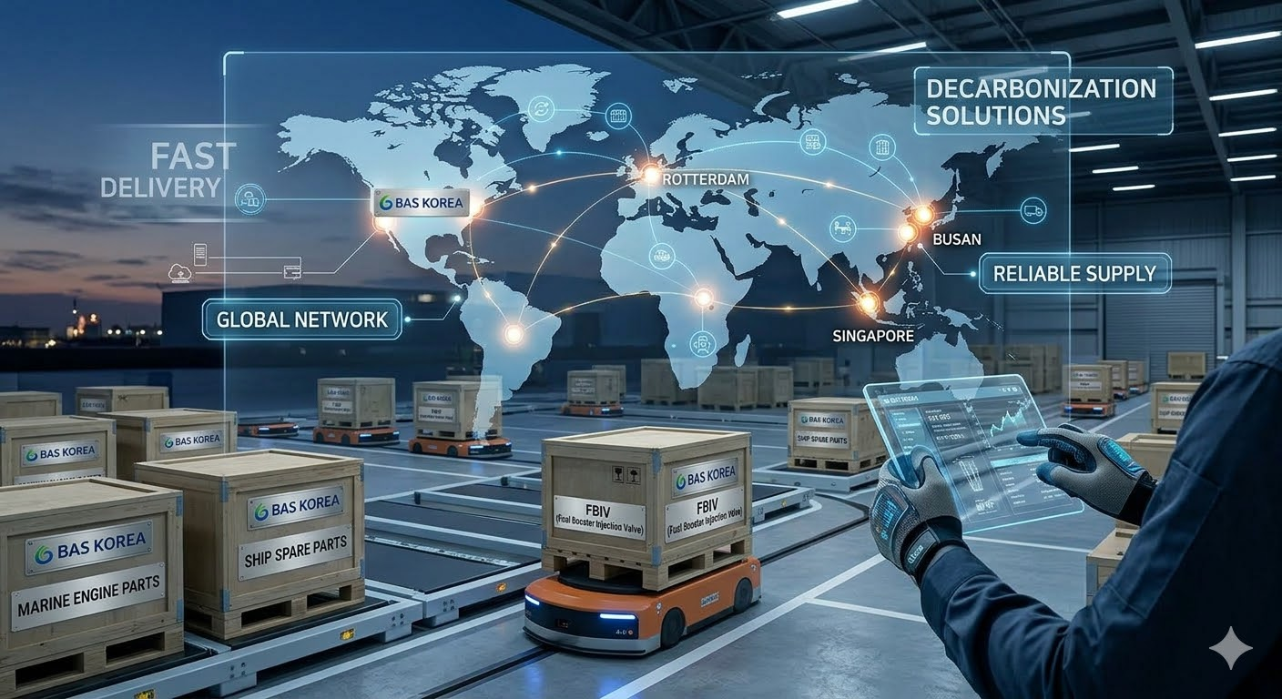 BAS KOREA global supply chain network for marine spare parts showing logistics hubs and tracked shipping boxes